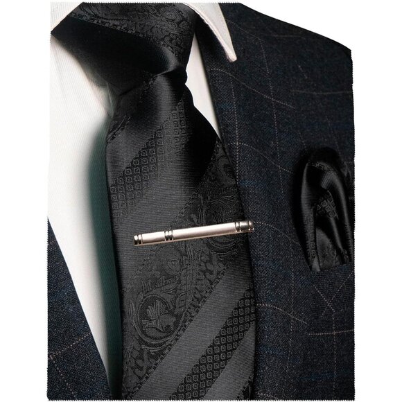 Men's Floral Necktie and Pocket Square Tie Clip Sets for Men Black - Picture 1 of 5